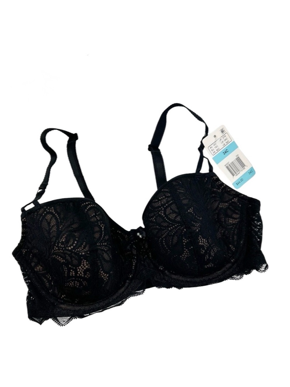 B. Tempt'd Black Lace Underwire Bra with Floral Overlay Size 34C